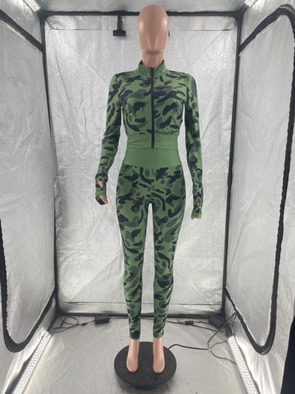 Women's camouflage printing tight sexy sports casual two-piece suit