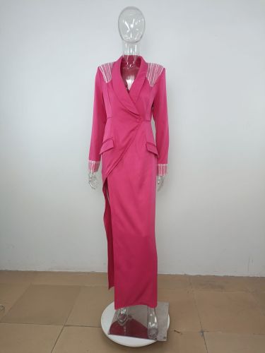 Women's dress collar shoulder pad high waist slit tight skirt temperament three-dimensional suit dress