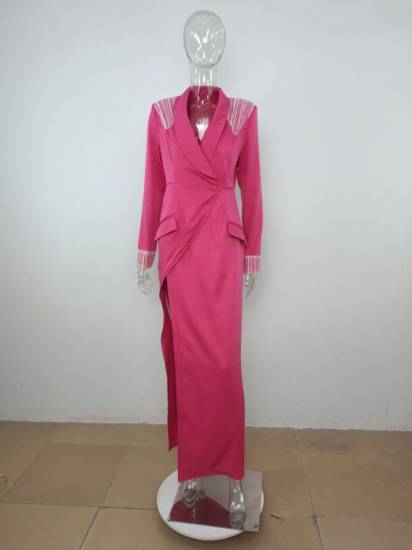 Women's dress collar shoulder pad high waist slit tight skirt temperament three-dimensional suit dress