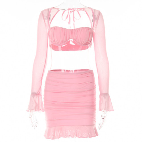 Sexy bra two-piece fashion perspective gauze mesh strap long sleeve short skirt suit