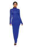 Fashion solid color long skirt long sleeve stretch fitting high neck dress