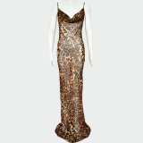Strap leaky leopard print dress evening dress