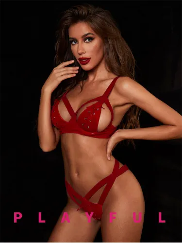 High grade sexy lingerie women's three-point two-piece set Sexy temptation Pure desire to gather bra underwear PU set