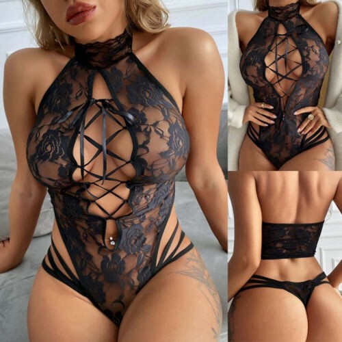 Sexy lingerie sexy lace hollow strap perspective cat girl one-piece