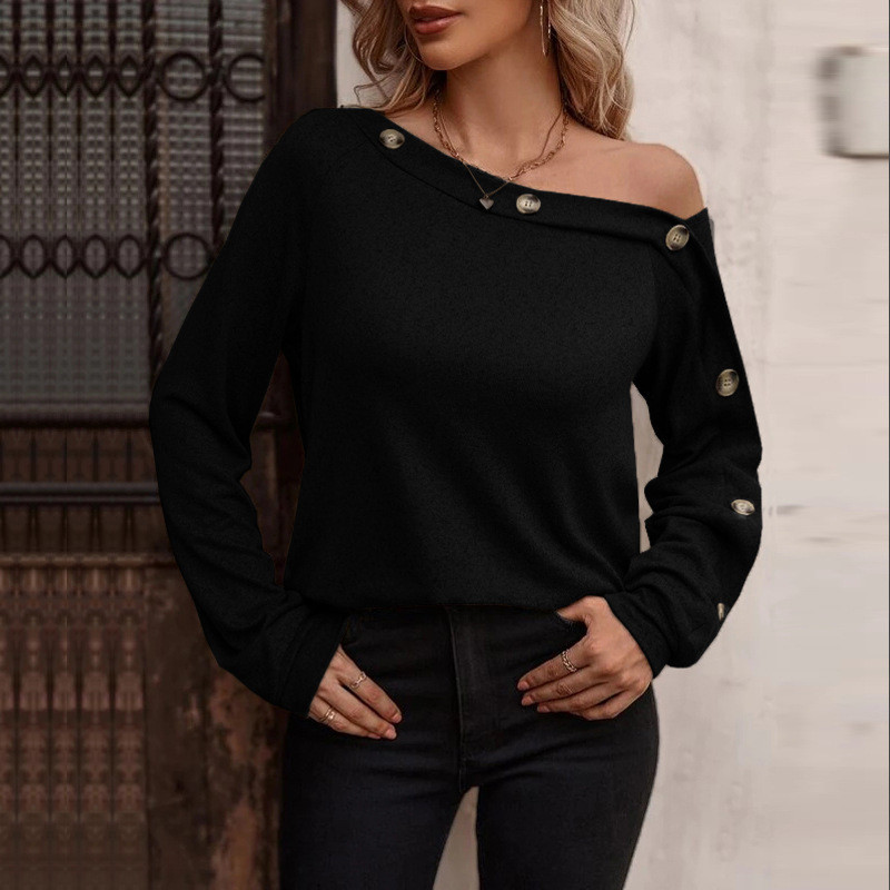 Women's fashion button off shoulder long sleeve top