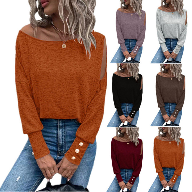 Women's solid color fashion off shoulder cuffs with buttons T-shirt