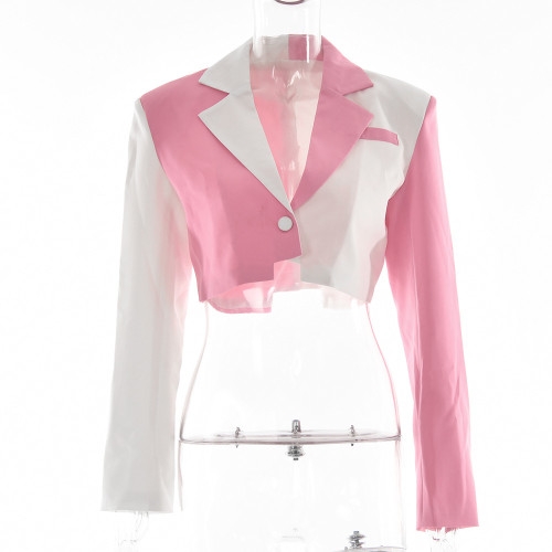 Women's sexy color blocking small suit button long sleeve suit short coat