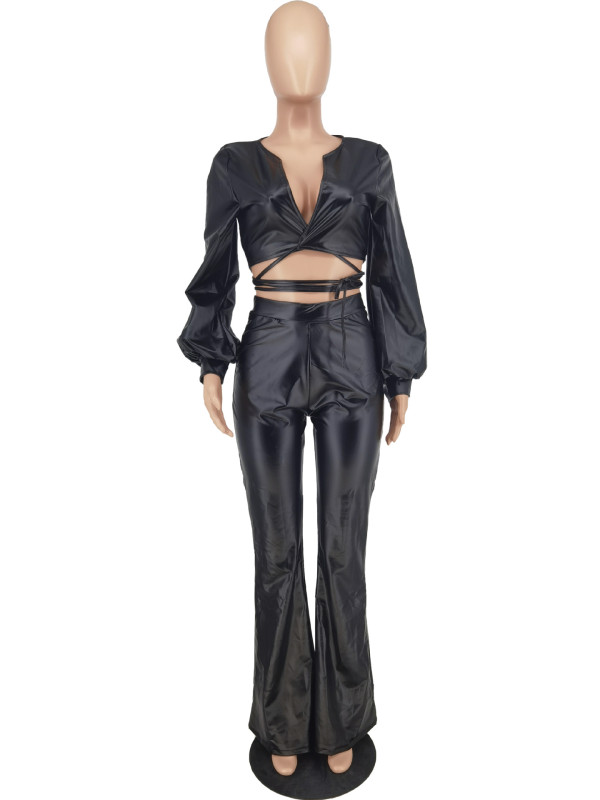 Autumn and winter women's leather two-piece suit