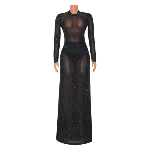 Women's sexy mesh perspective long sleeve nightclub dress