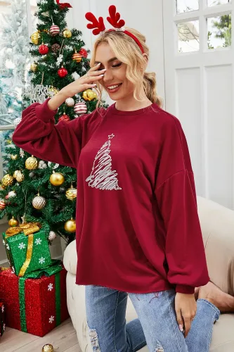 Christmas tree loose long sleeve round neck printed women's blouse wine red medium long sweater