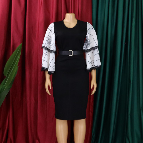 V-Neck Flare Sleeve Hip Wrap Commuter Office Pencil Dress Dress