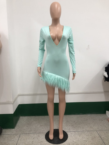 Sexy V-neck fur fringed dress dress