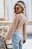 Sexy cross V-neck waist closed and navel exposed short chest style shirt slim long sleeved t-shirt