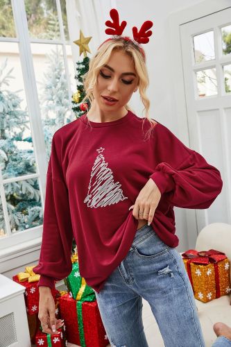 Christmas tree loose long sleeve round neck printed women's blouse wine red medium long sweater