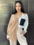 Women's color contrast splicing top pocket design sense long sleeved chiffon blouse