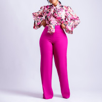 Autumn and winter loose large casual printing long sleeve shirt wide leg pants two-piece set