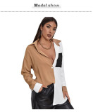 Women's color contrast splicing top pocket design sense long sleeved chiffon blouse