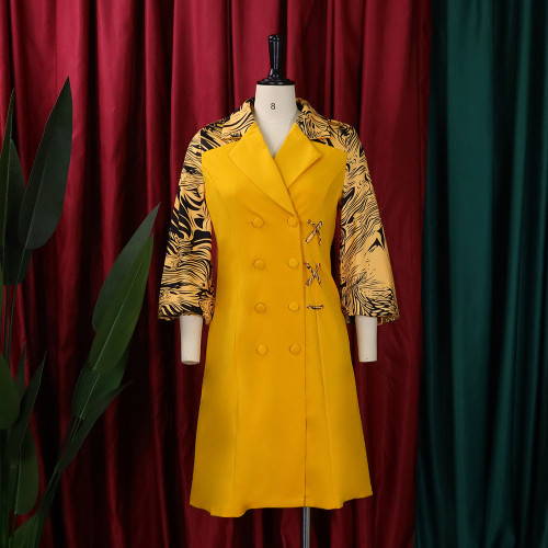Fashion Tongle printed patchwork suit collar oversize dress