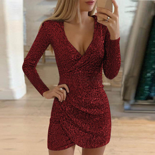 Sexy v-neck hip bag irregular short skirt sequin dress