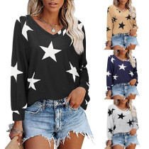 Five pointed star printed V-neck long sleeved sweater T-shirt for women Five pointed star printed V-neck long sleeved sweater T-shirt for women