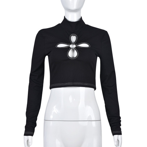Round neck open navel versatile tight four leaf hollow solid color long sleeve shirt