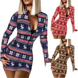 Printed Christmas V Leader Zipper Long Sleeve Christmas Dress Christmas Women's Dress