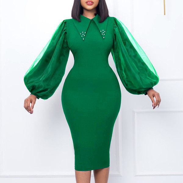 Long sleeved oversize wrap buttocks nail bead mesh splicing Tongle pencil skirt dress