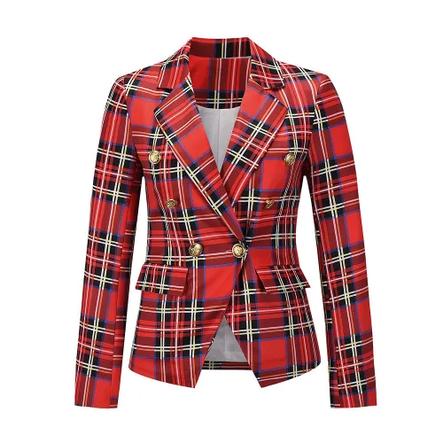 Women's fashion plaid small suit jacket with pockets and lining, slim