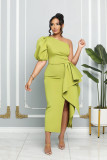One shoulder slit dress temperament bubble sleeve fashion slim women's dress