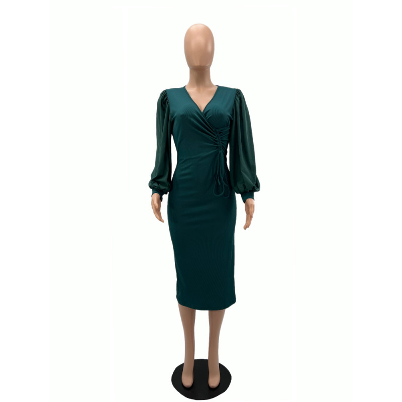 Solid color medium long bubble sleeve slim women's dress