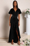 V-Neck Irregular Ruffle Waist Skinny Long Party Dress