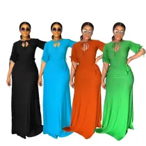 Solid color medium long sleeve temperament high split women's drawstring long dress dress