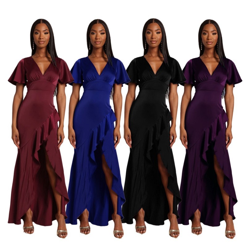 V-Neck Irregular Ruffle Waist Skinny Long Party Dress