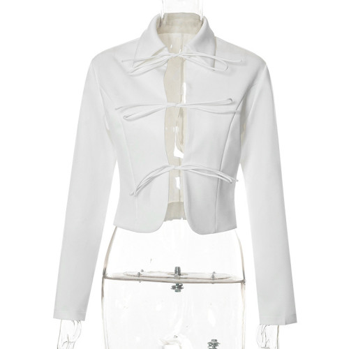 Clean color lapel design sense long sleeve strap cut out cardigan temperament top