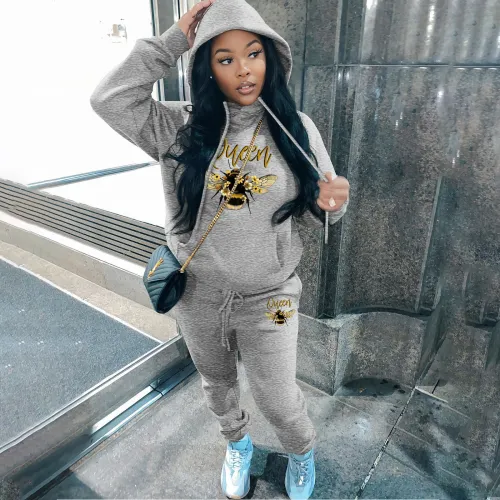 Fashion plush printed sweater hoodie casual sports women's two-piece suit