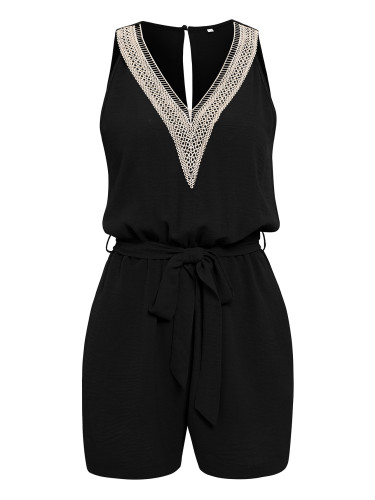 Women's casual lace V-neck sleeveless belt jumpsuit