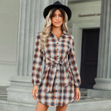 Lace up waist shirt skirt Women's plaid dress