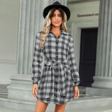 Lace up waist shirt skirt Women's plaid dress