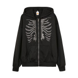 Casual solid breastbone hot drill zipper hooded loose sweater