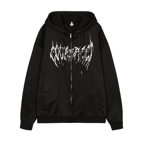 Hooded Zipper Letter Butterfly Printed Fleece Cardigan Sweatshirt