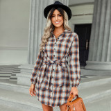 Lace up waist shirt skirt Women's plaid dress