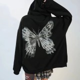 Hooded Zipper Letter Butterfly Printed Fleece Cardigan Sweatshirt