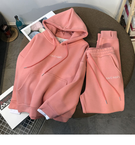 Thickened plush loose hooded sweater women's leggings suit sport casual two-piece set