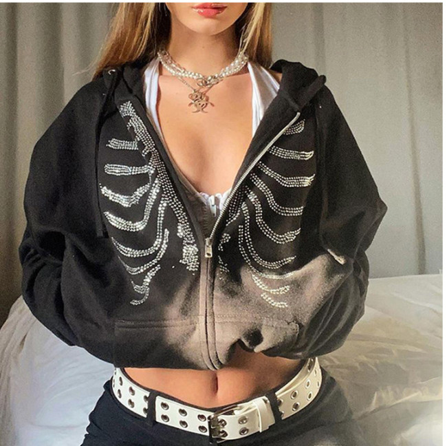 Casual solid breastbone hot drill zipper hooded loose sweater