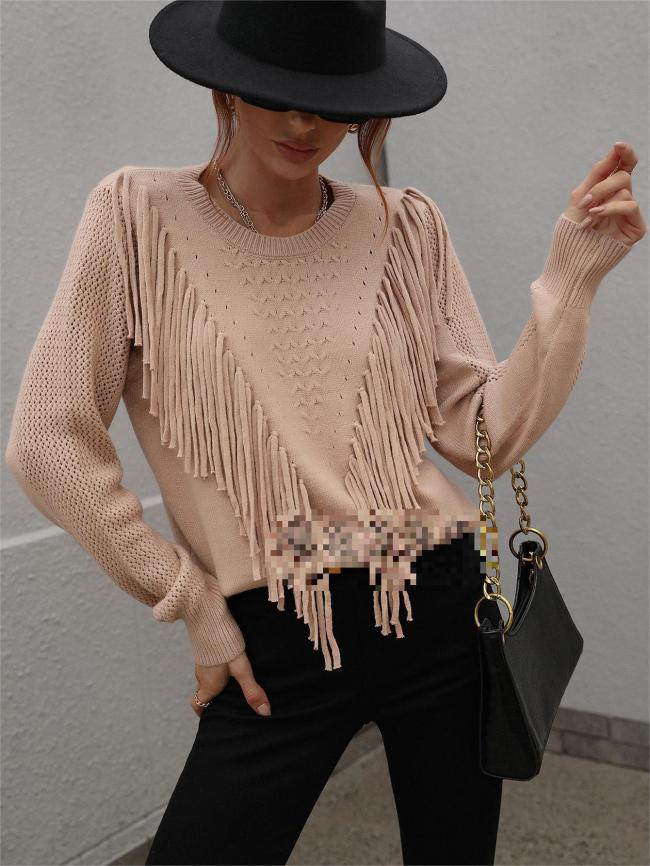 Pullover Sweater Women's loose solid color knitwear Fashion tassel sweater