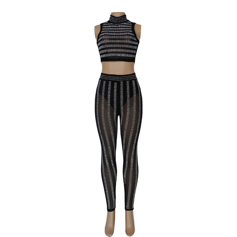 Sexy mesh perspective women's ironing trousers sleeveless fashion suit
