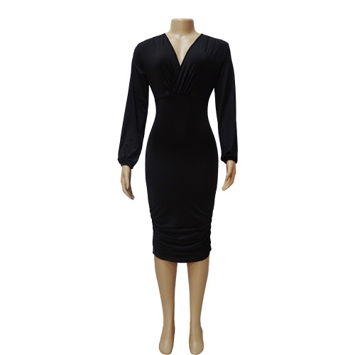 Women's V-neck pleated hip wrap dress dress
