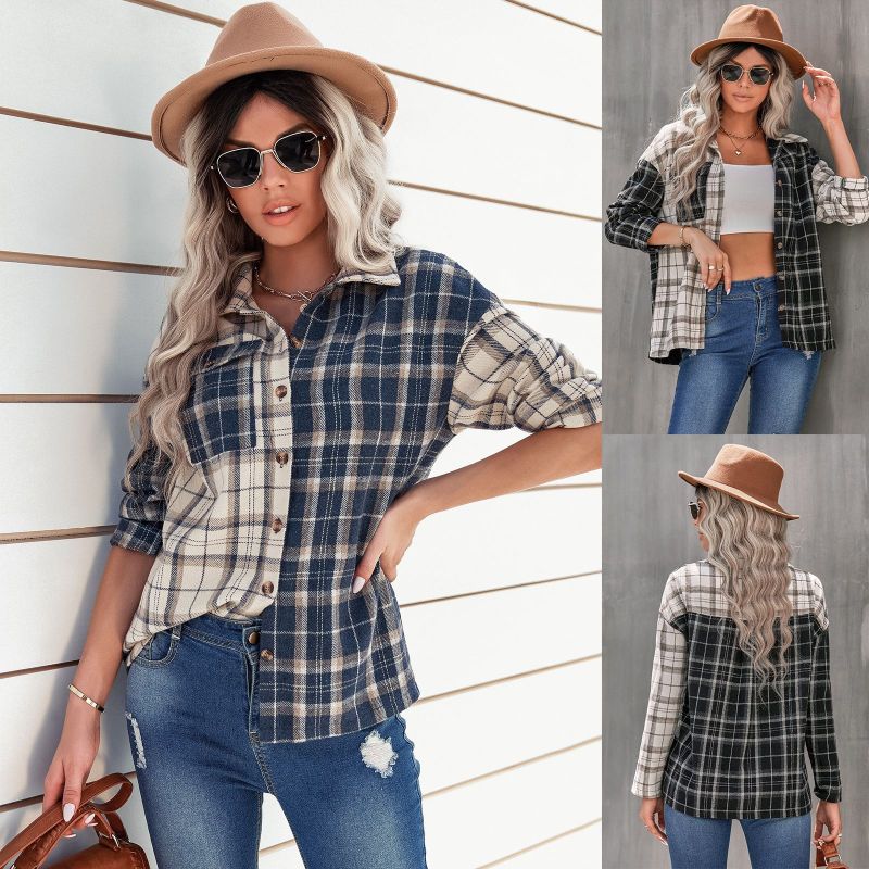 Women's long sleeve loose shirt with lapel plaid top