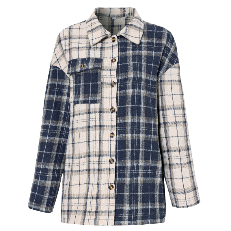 Women's long sleeve loose shirt with lapel plaid top