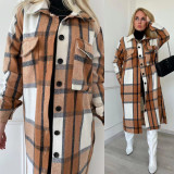 Woolen plaid shirt loose women's medium long coat